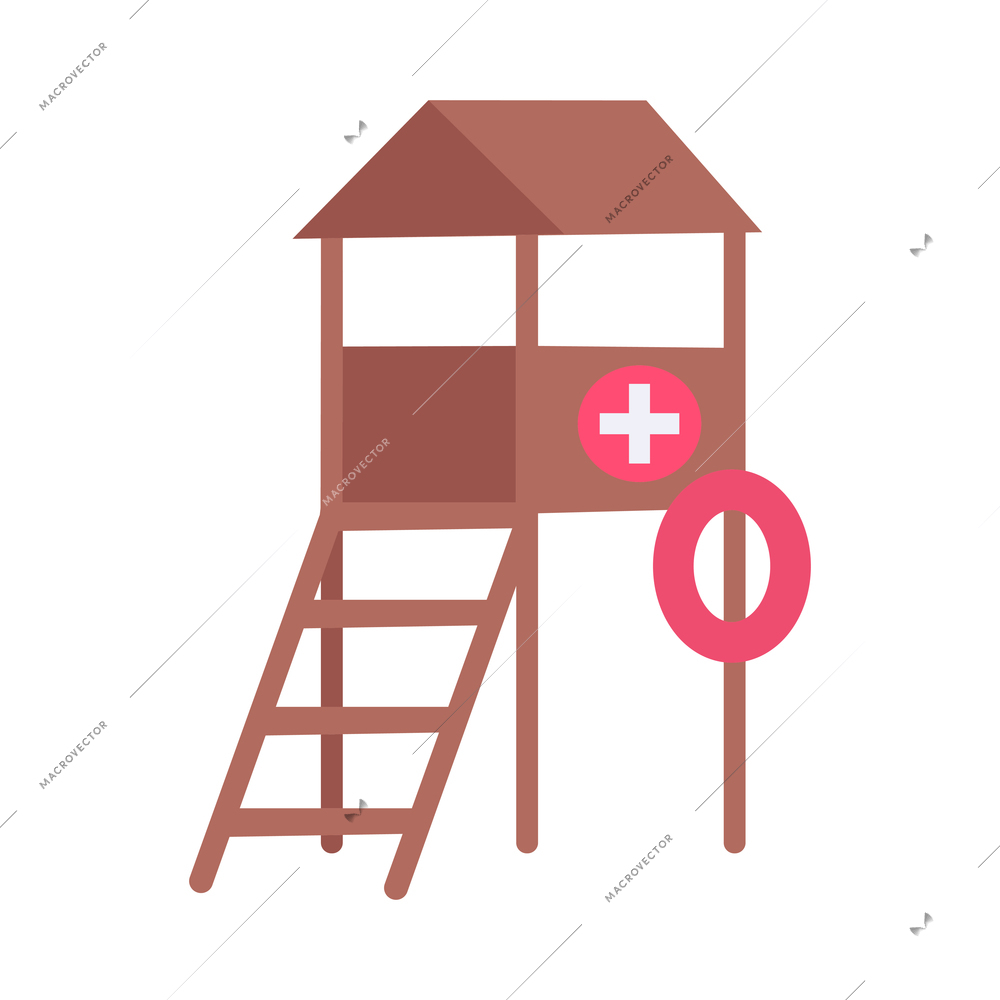 Lifeguard tower with flotation ring icon in flat style vector illustration