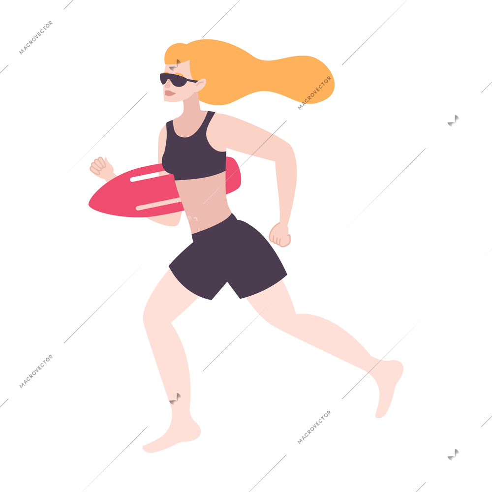 Woman wearing sunglasses running with surfboard flat vector illustration