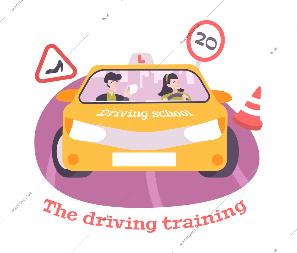 Driving school training composition with woman driver and signs vector illustration