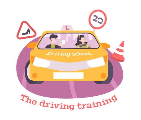 Driving school training composition with woman driver and signs vector illustration