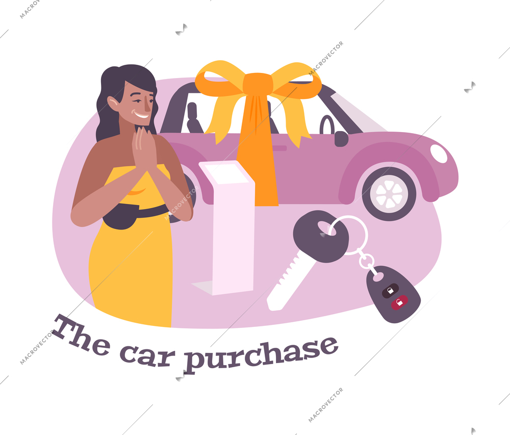 Car purchase flat composition with happy woman owner and keys vector illustration