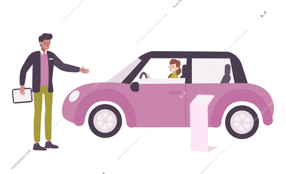 Car dealership flat composition with woman driver and manager vector illustration