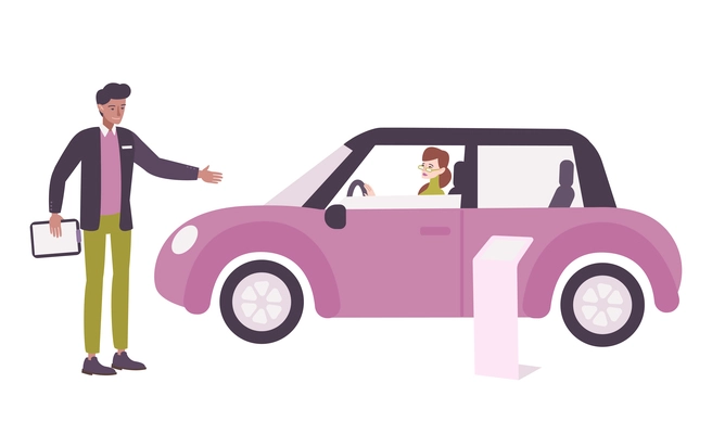 Car dealership flat composition with woman driver and manager vector illustration