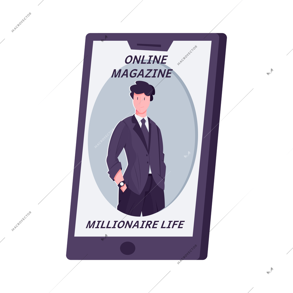 Online magazine with article about millionaire life in smartphone flat icon vector illustration