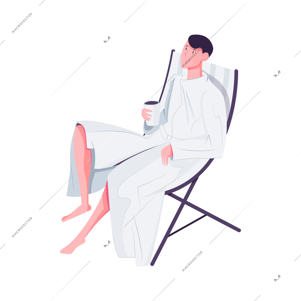 Flat design icon with relaxed rich man wearing bathrobe on lounge chair with cup vector illustration