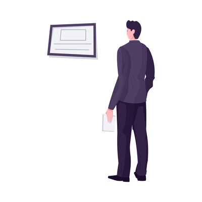 Businessman in suit looking at information on wall flat isolated vector illustration