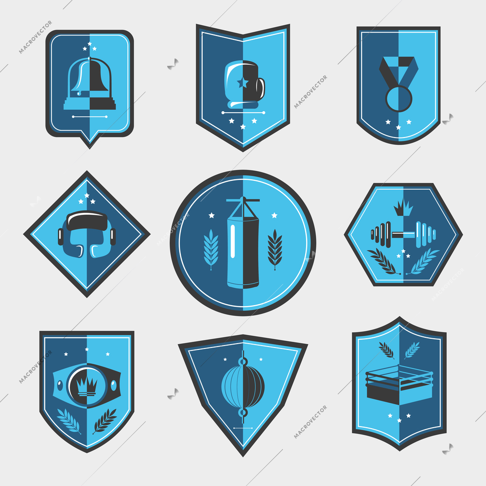 Box fight sport uniform elements emblems set isolated vector illustration.