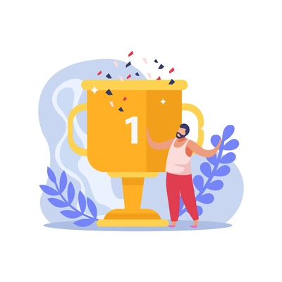 Winner people composition with happy character and first prize trophy flat vector illustration
