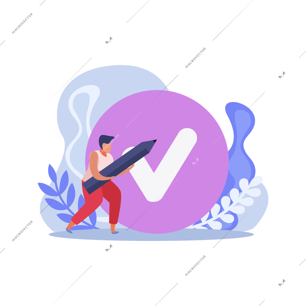 Goal achievement planning checklist flat composition with man holding pencil and tick image vector illustration