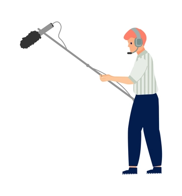 Male boom operator wearing headphones and holding microphone flat vector illustration