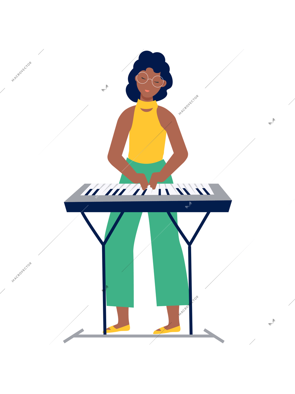 Music band flat icon with woman playing keyboard vector illustration