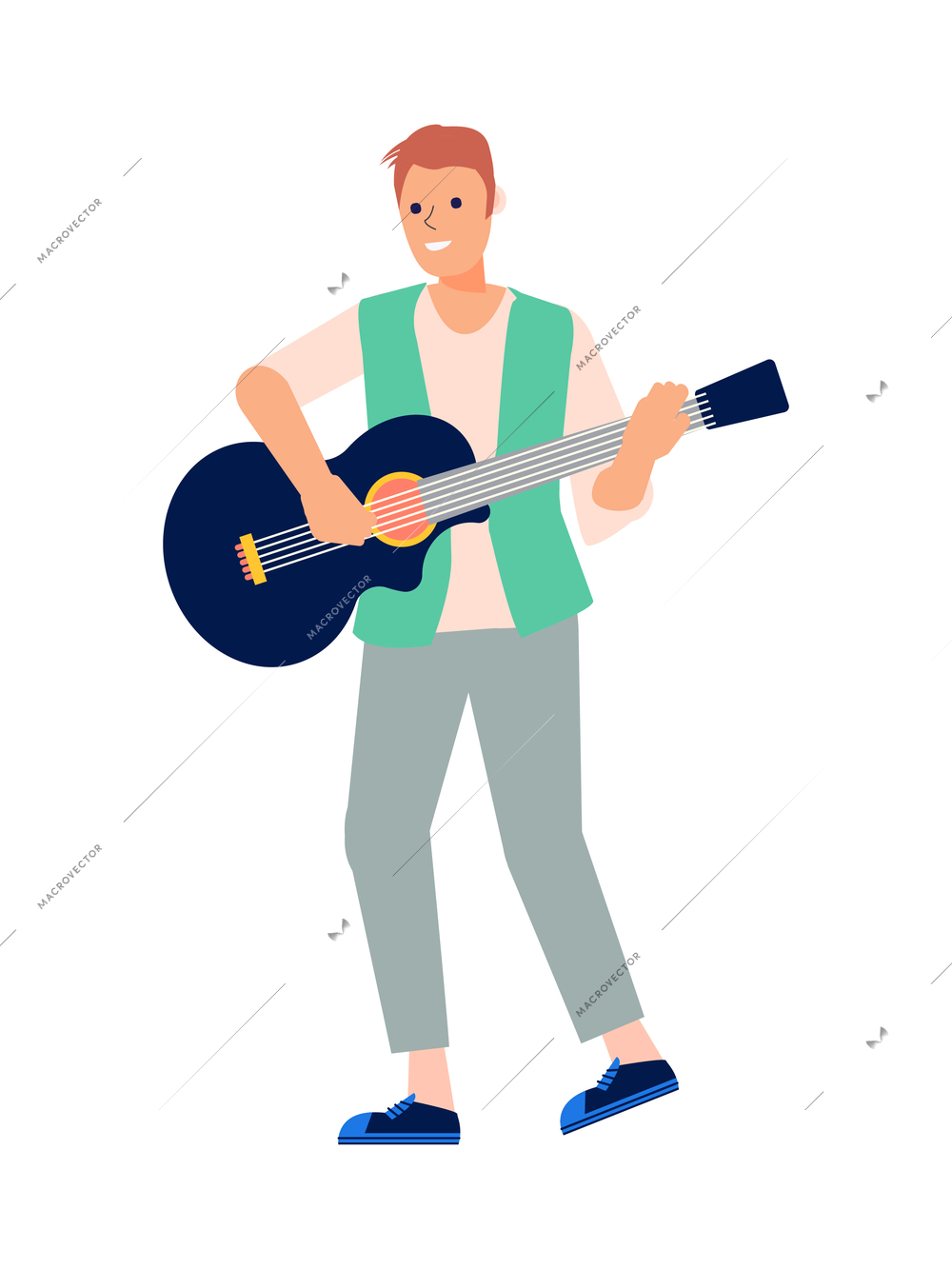 Instrumental musician playing guitar flat vector illustration