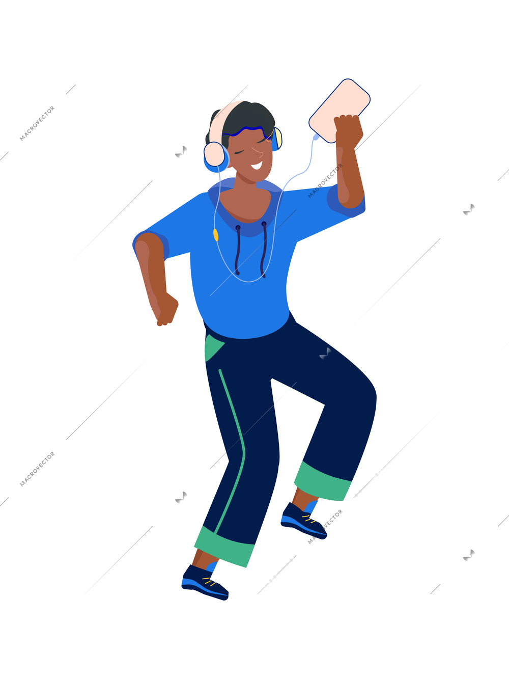 Happy character in headphones dancing and listening to music on smartphone flat vector illustration