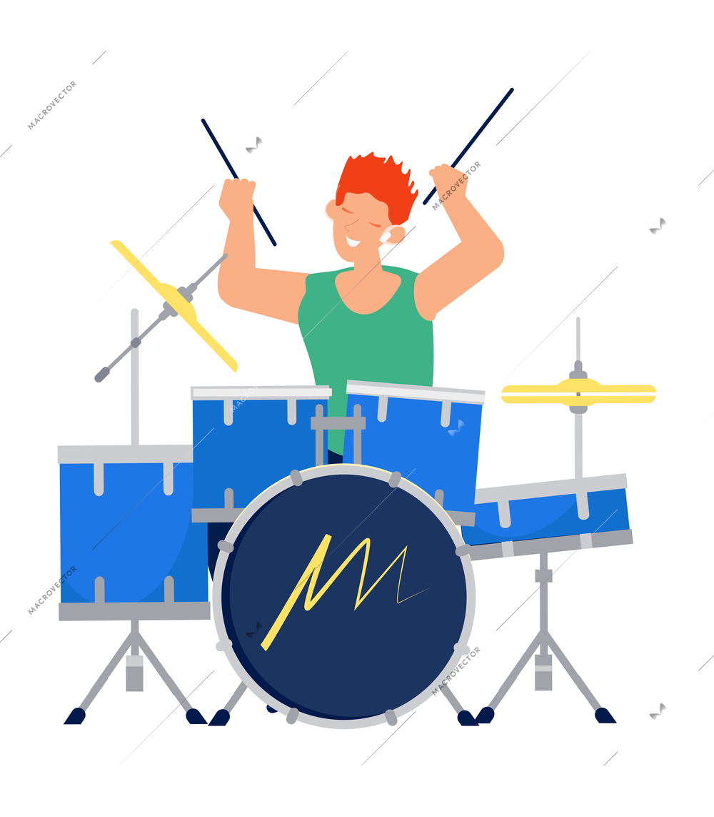 Happy character playing drums at rock concert flat vector illustration