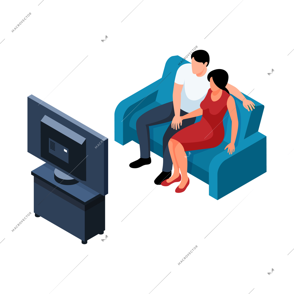 Isometric icon with couple watching tv in living room 3d vector illustration