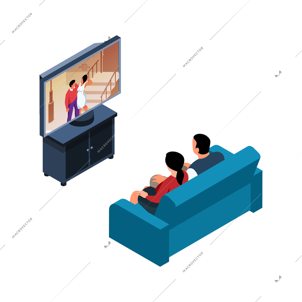 Isometric icon with man and woman watching romantic film on sofa isolated vector illustration