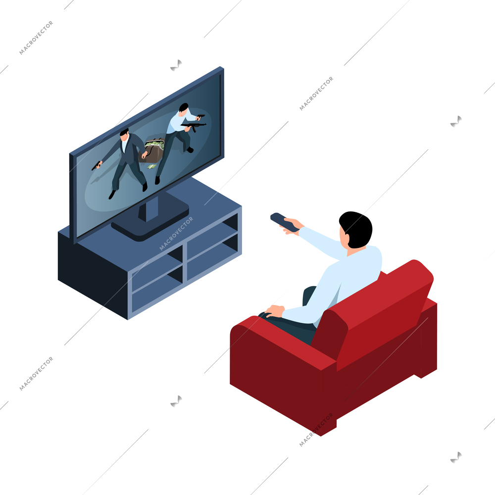 Man with remote control watching thriller on tv isometric icon 3d vector illustration