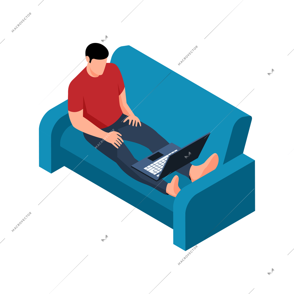 Man sitting on sofa and watching movie on laptop 3d isometric icon vector illustration