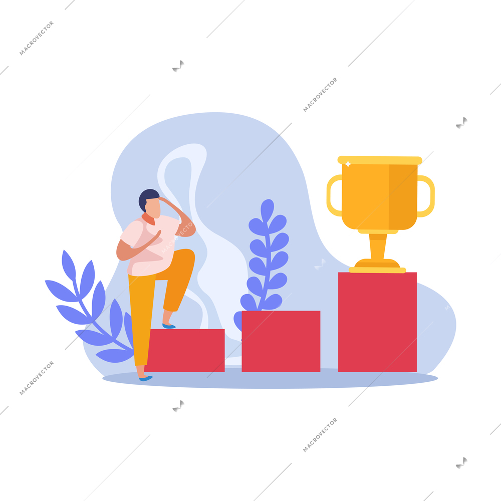 Winner people flat composition with trophy on pedestal and human character vector illustration