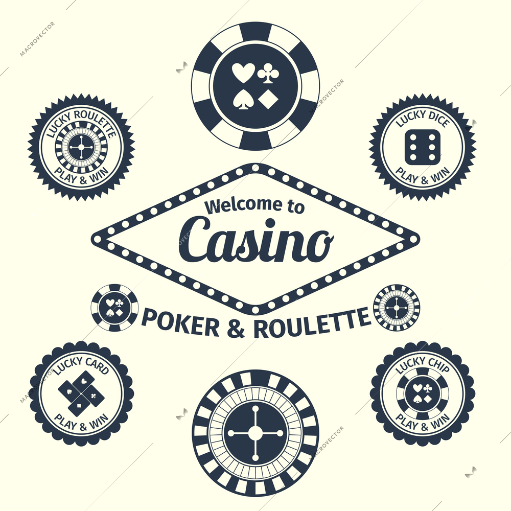 Casino lucky roulette play and win emblems set isolated vector illustration