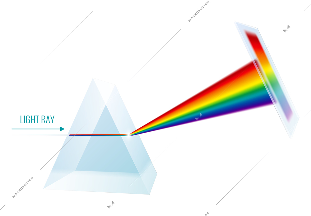 Dispersion of light with glass prism realistic vector illustration