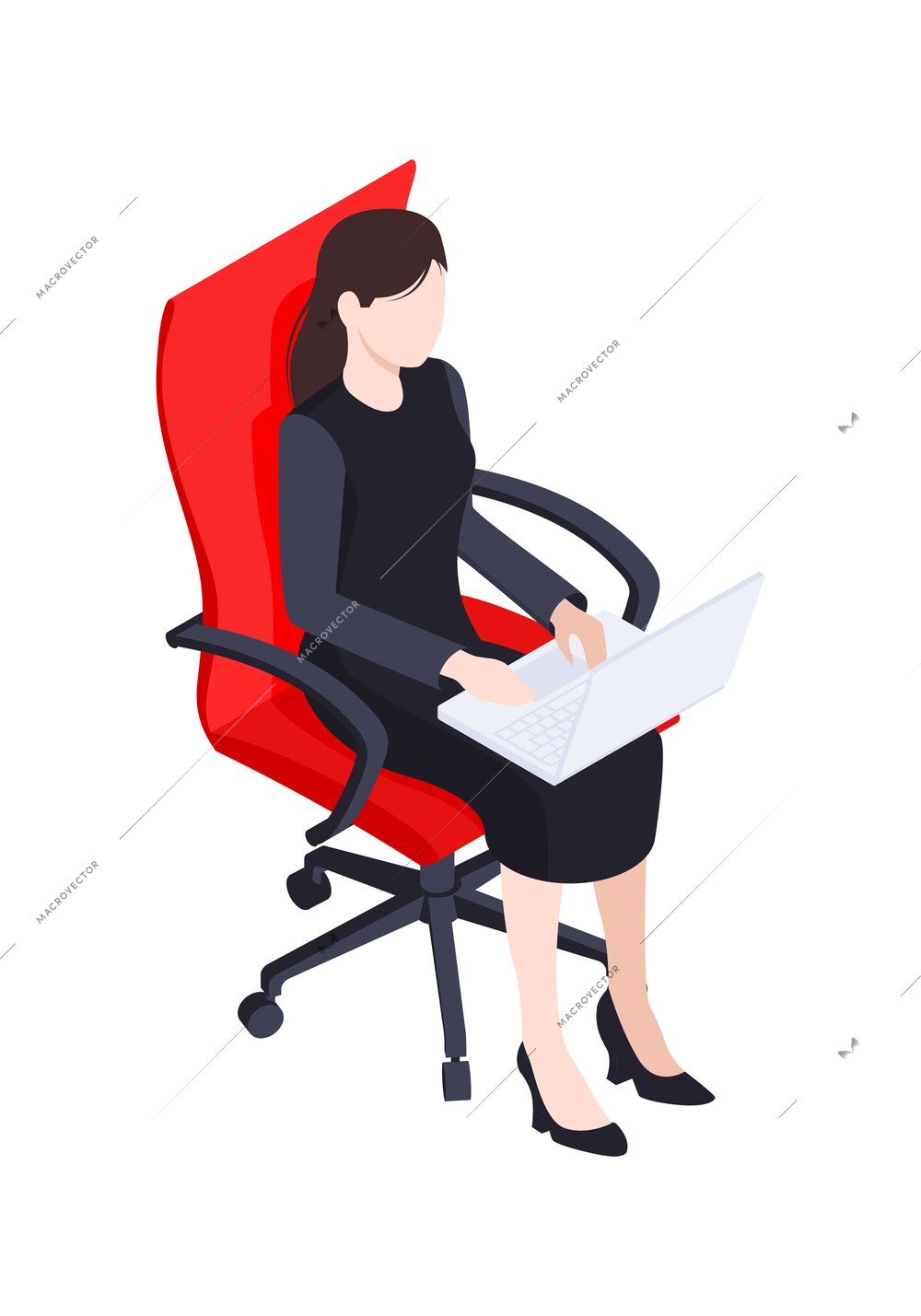 Businesswoman sitting on red office chair with laptop 3d isometric vector illustration