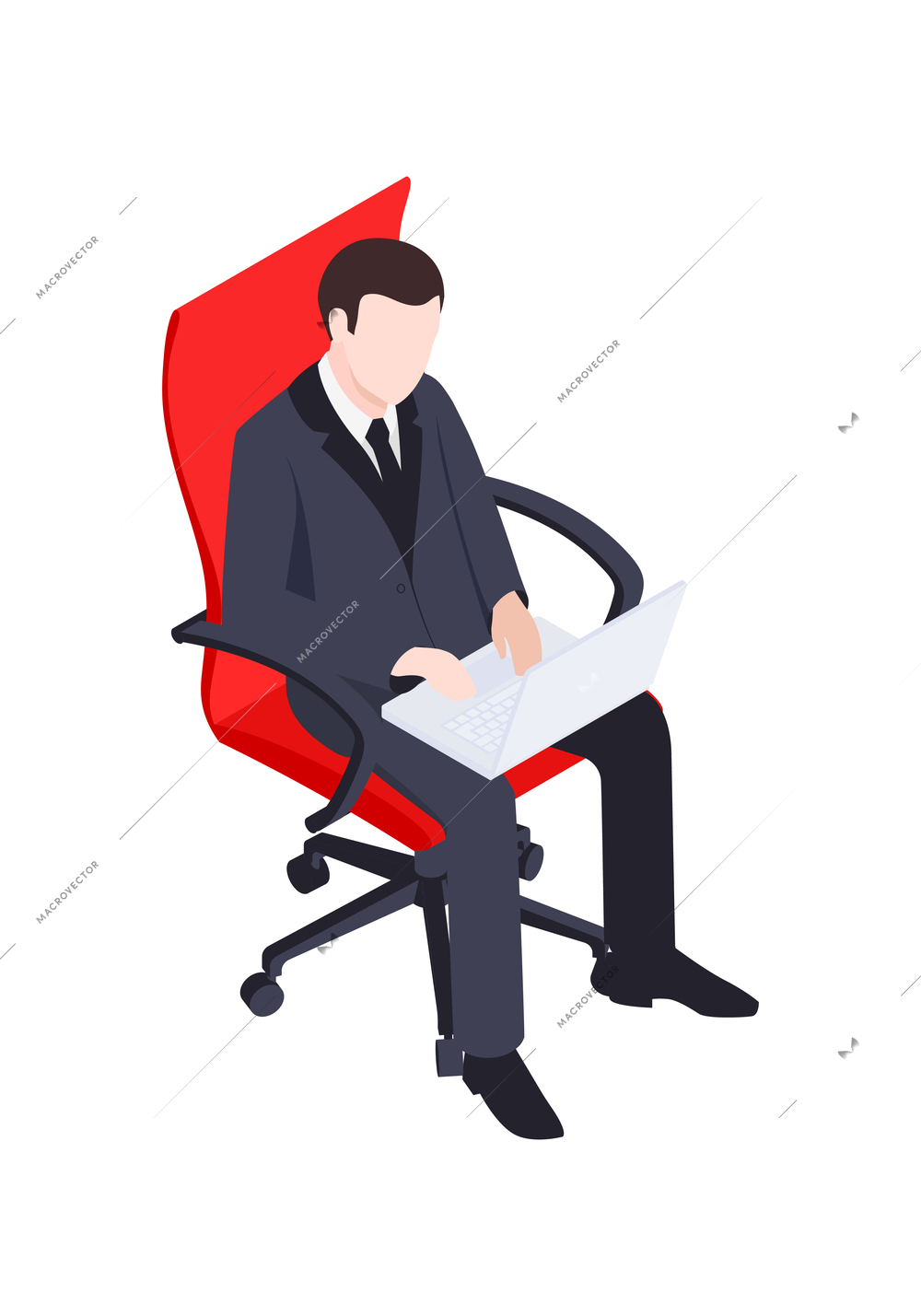 Businessman working on laptop while sitting on red office chair isometric vector illustration