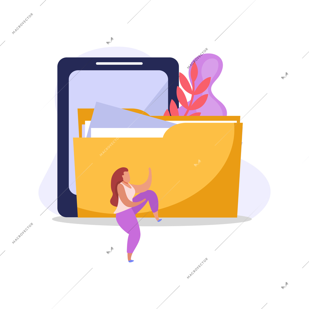 Flat colorful computer user icon with tablet folder and female character vector illustration