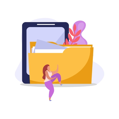 Flat colorful computer user icon with tablet folder and female character vector illustration