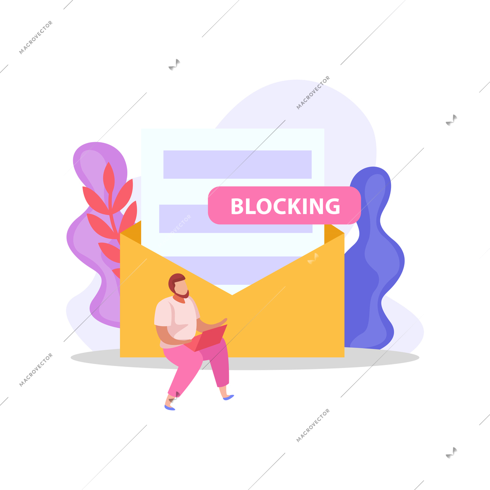 Computer user blocking flat icon with envelope and character vector illustration