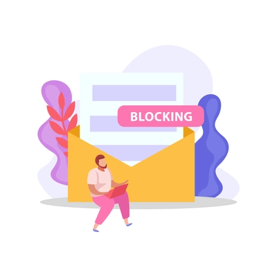 Computer user blocking flat icon with envelope and character vector illustration