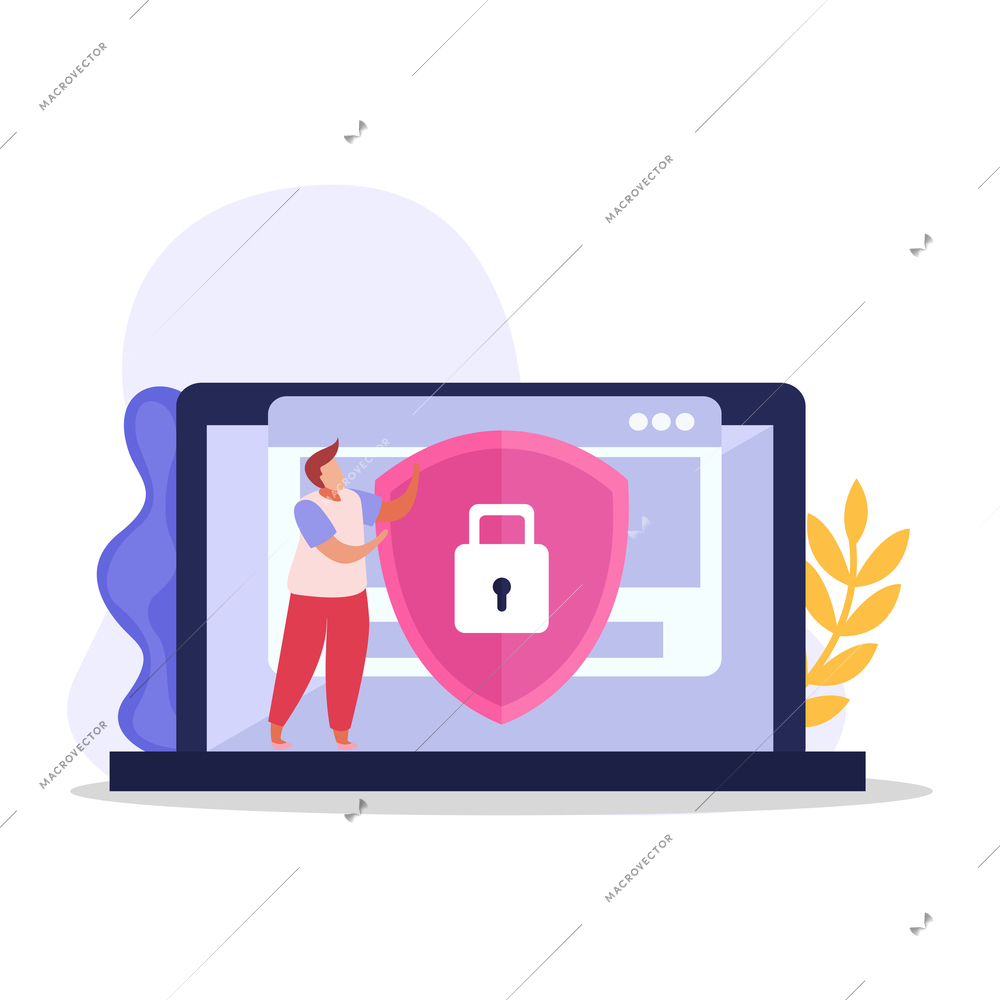 Flat icon with character of computer user and protected personal information on laptop vector illustration