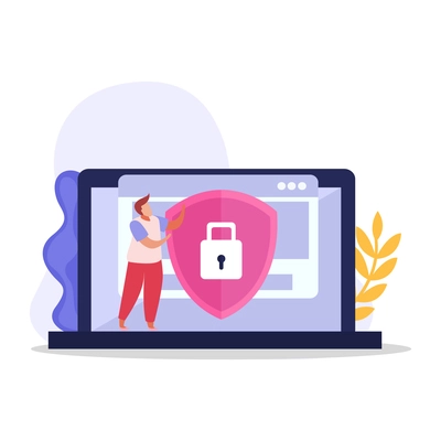 Flat icon with character of computer user and protected personal information on laptop vector illustration