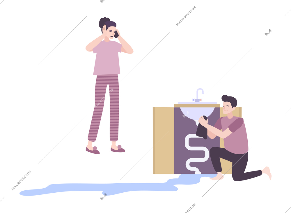 People with leaking sink calling plumber flat vector illustration