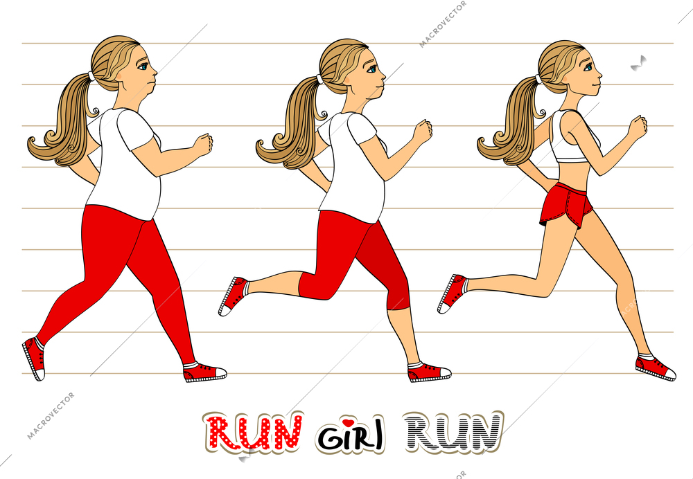 Running woman weight loss fitness exercises progress isolated vector illustration