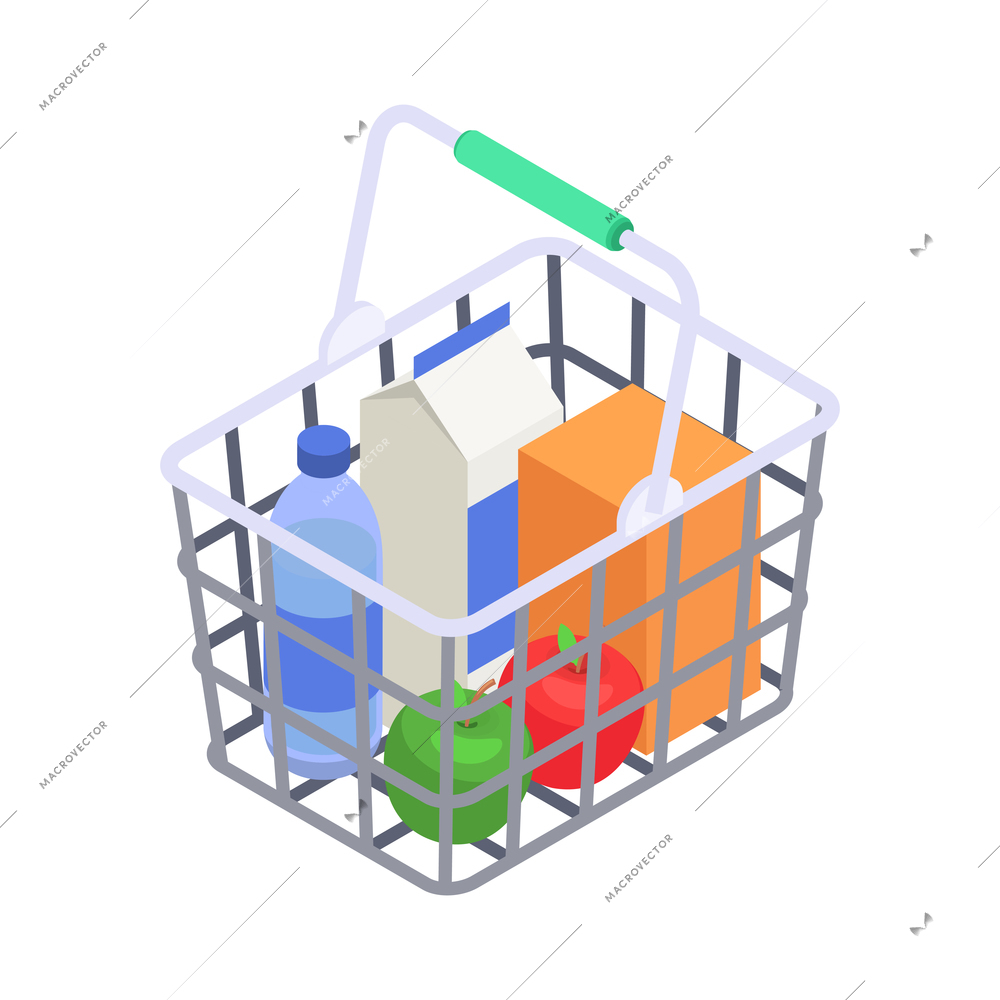 Supermarket shopping basket with carton box bottle and apples isometric icon vector illustration