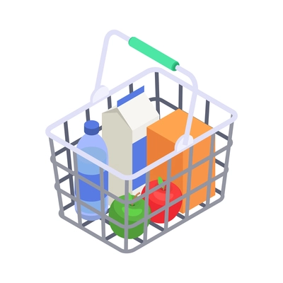 Supermarket shopping basket with carton box bottle and apples isometric icon vector illustration