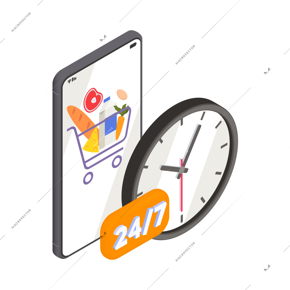 Twenty four hour delivery service isometric icon with smartphone and clock 3d vector illustration