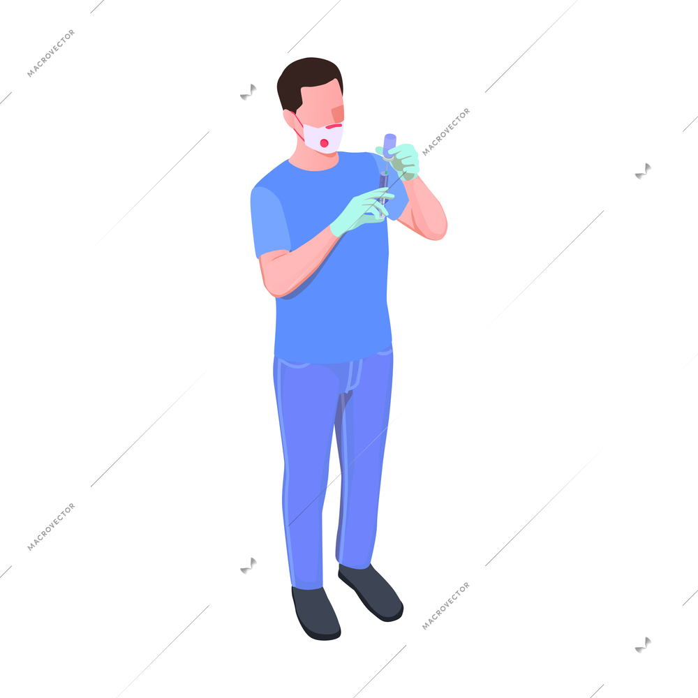 Isometric vaccination icon with male nurse in medical mask holding syringe vector illustration