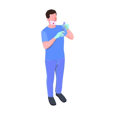 Isometric vaccination icon with male nurse in medical mask holding syringe vector illustration