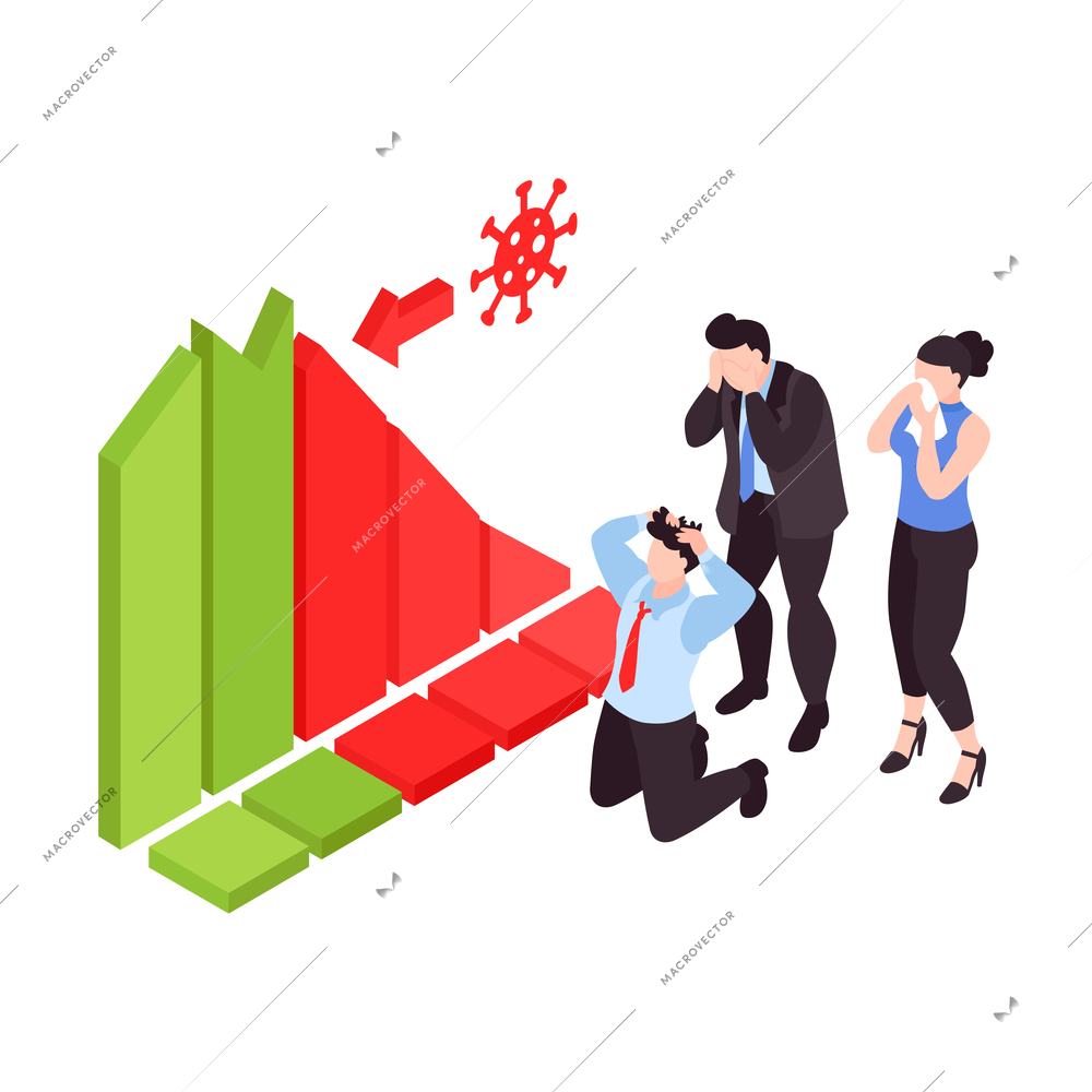 People in panic watching chart representing stock market crash during covid19 financial crisis isometric vector illustration