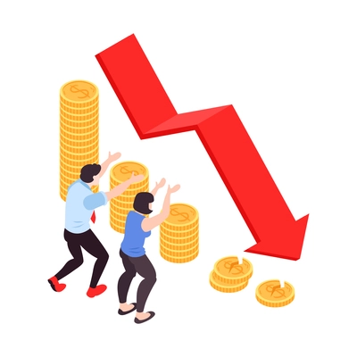 Isometric financial crisis icon with stack of coins and frustrated characters watching falling arrow 3d vector illustration