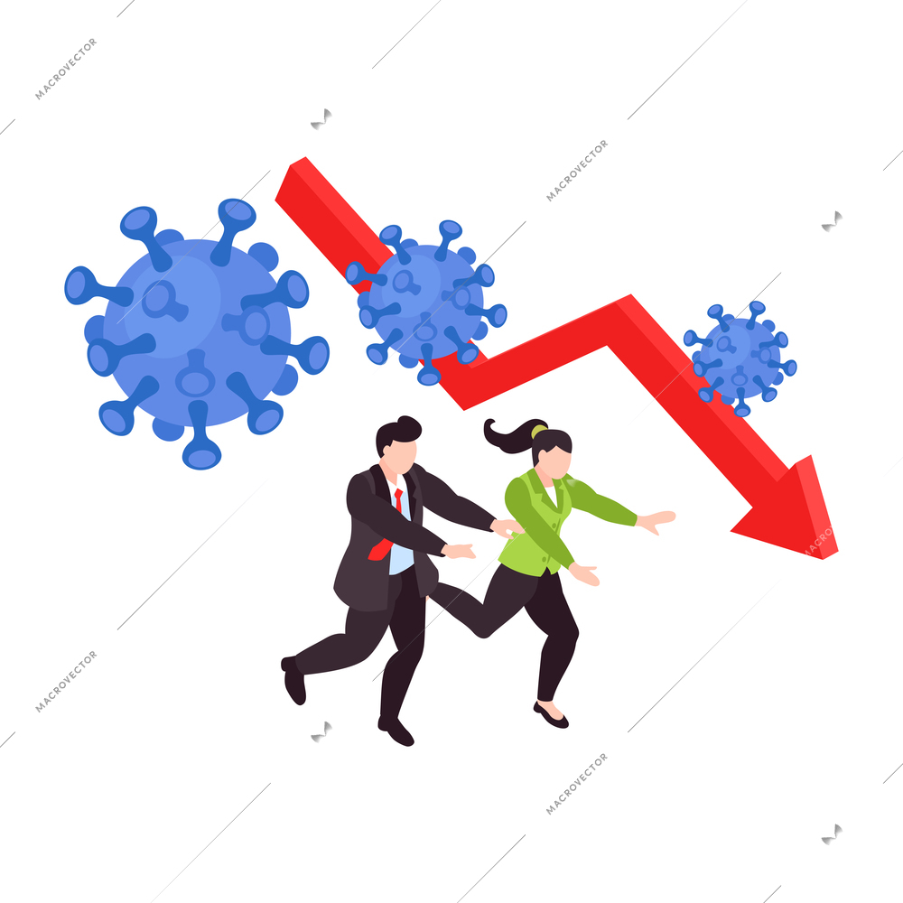 Global financial crisis isometric concept with people running in panic coronavirus bacteria and falling arrow vector illustration