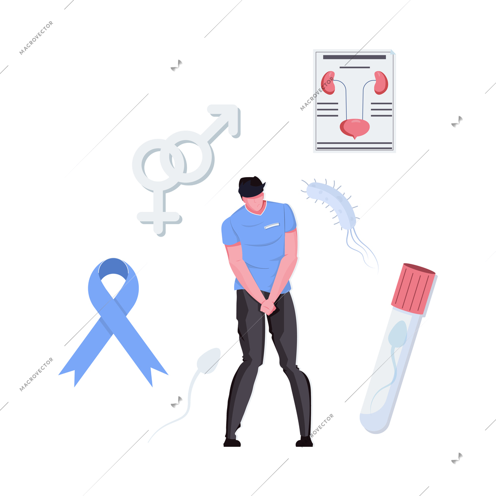 Flat man health composition with medical symbols and character having problems with reproductive system vector illustration