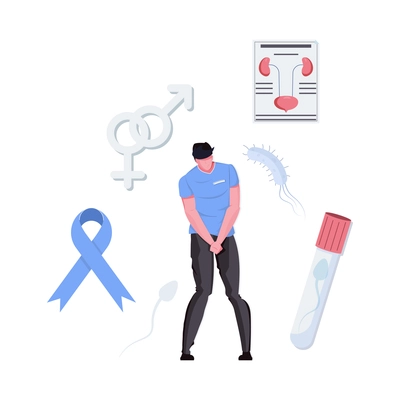 Flat man health composition with medical symbols and character having problems with reproductive system vector illustration