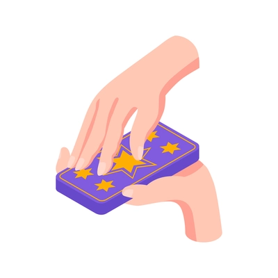 Fortune telling isometric icon with pack of tarot cards in female hands 3d vector illustration