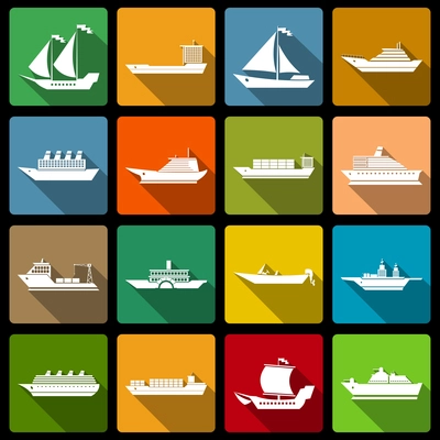 Ship sailing yachts and cruise boats flat silhouette icons set isolated vector illustration