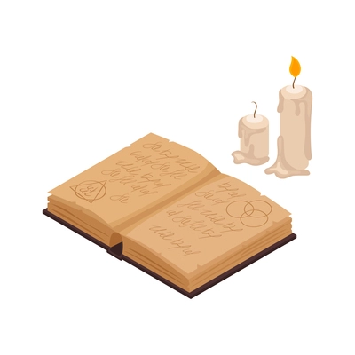 Old magic book and two wax candles isometric isolated vector illustration