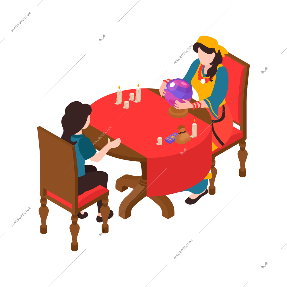 Fortune telling icon with client and gypsy using crystal ball tarot cards runes isometric vector illustration