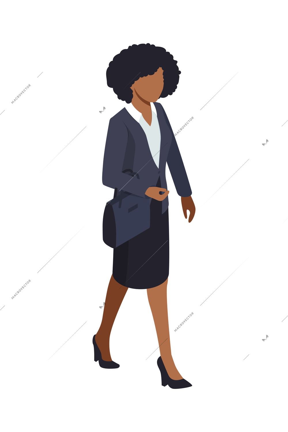 Isometric character of walking dark haired businesswoman in office wear vector illustration